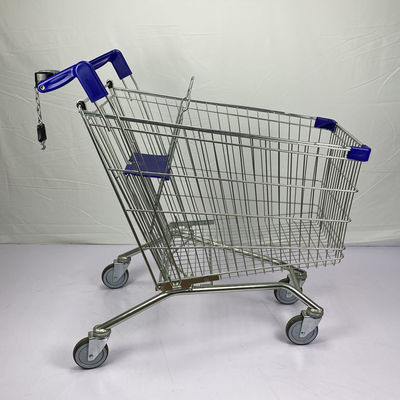 Beli Blue Plastic Parts Supermarket Shopping Trolley Kustom Gaya Eropa Dengan 4 Roda PU Dan Kunci online manufacture