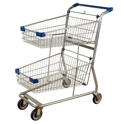 Beli Keranjang Belanja Layanan Publik Trolley Metal Double Basket Shopping Cart Logo Dicetak Galvanis online manufacture