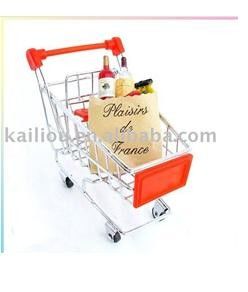 Cina Small Supermarket Shopping Trolley with advertisement board in red and metal base in chrome pabrik