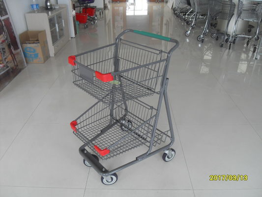 Cina Two Layer Basket Wire 4 Wheel Shopping Trolley / Cart With Color Poweder Coating pabrik